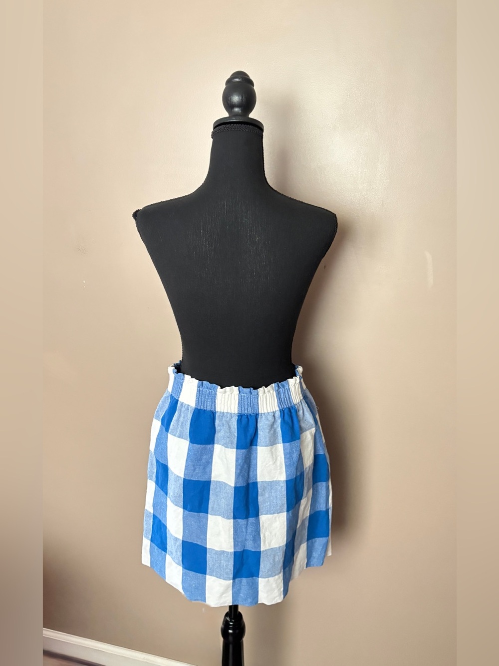 J.Crew Linen-Cotton Mini Skirt blue & white oversized gingham checkers sz S EUC - Picture 7 of 14